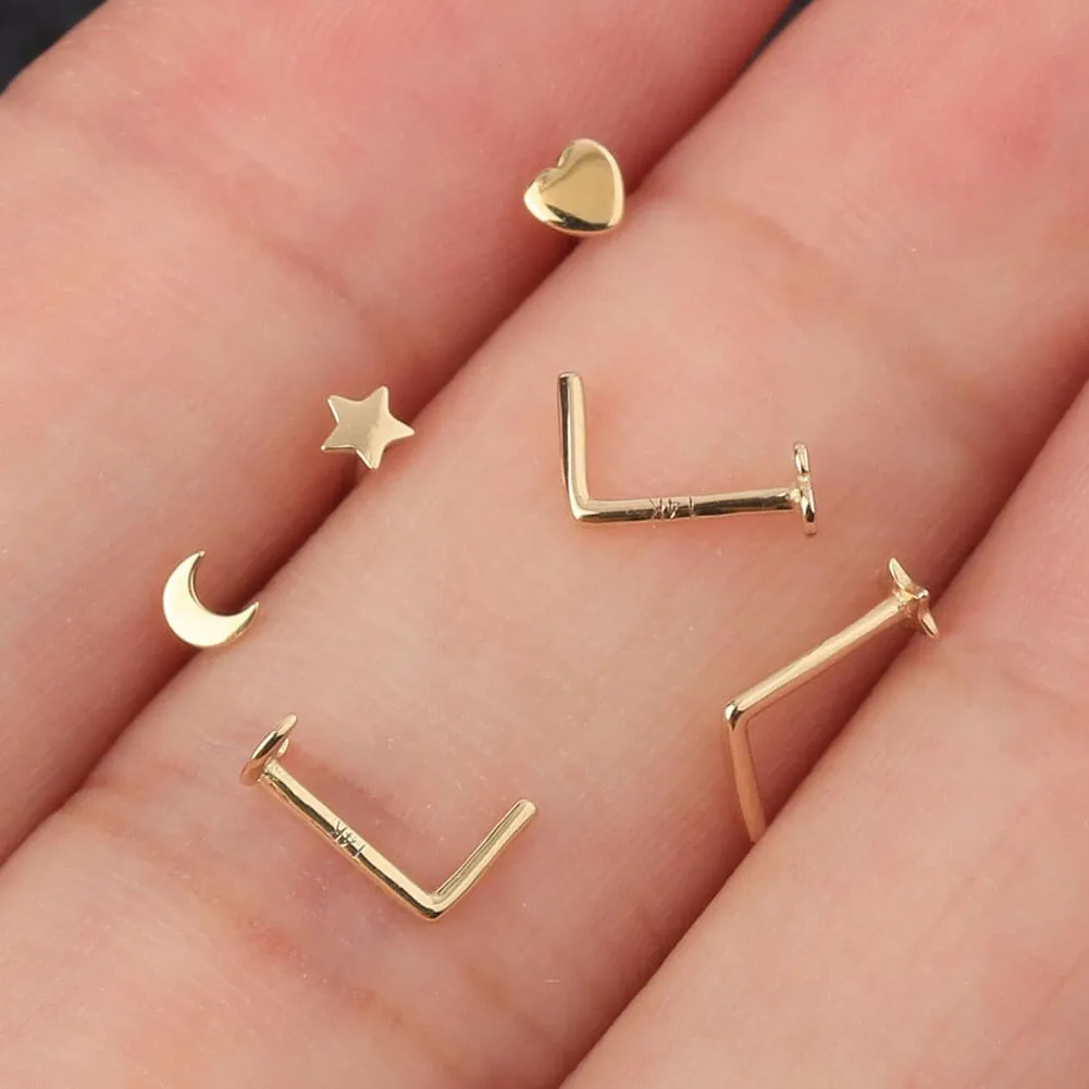 14K Gold 20G L Shape Small Star Nose Stud