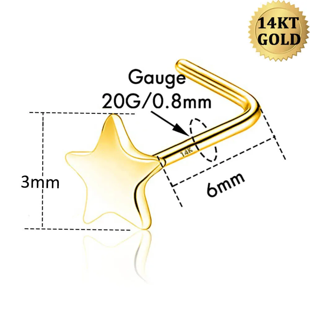 14K Gold 20G L Shape Small Star Nose Stud