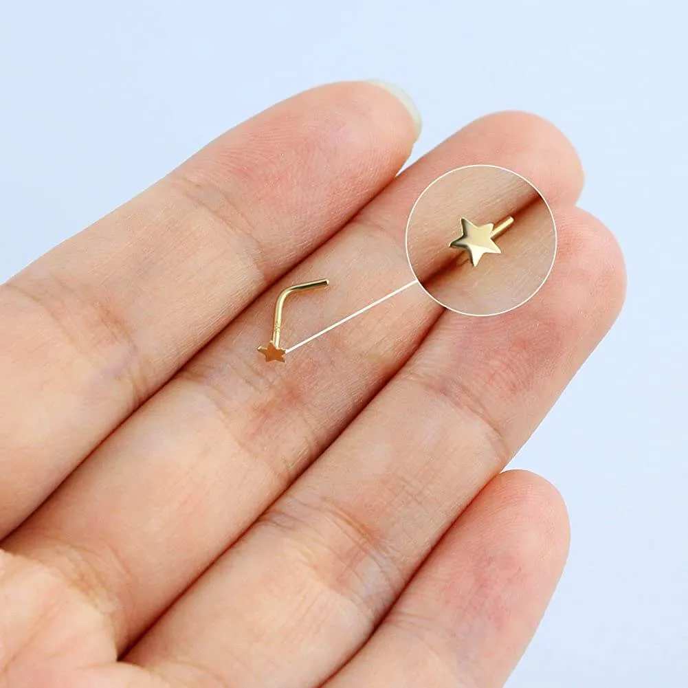 14K Gold 20G L Shape Small Star Nose Stud