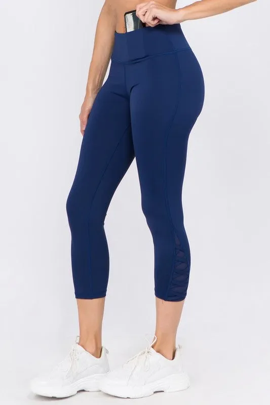 Active Crisscross Mesh Ankle Capri Legging-Navy