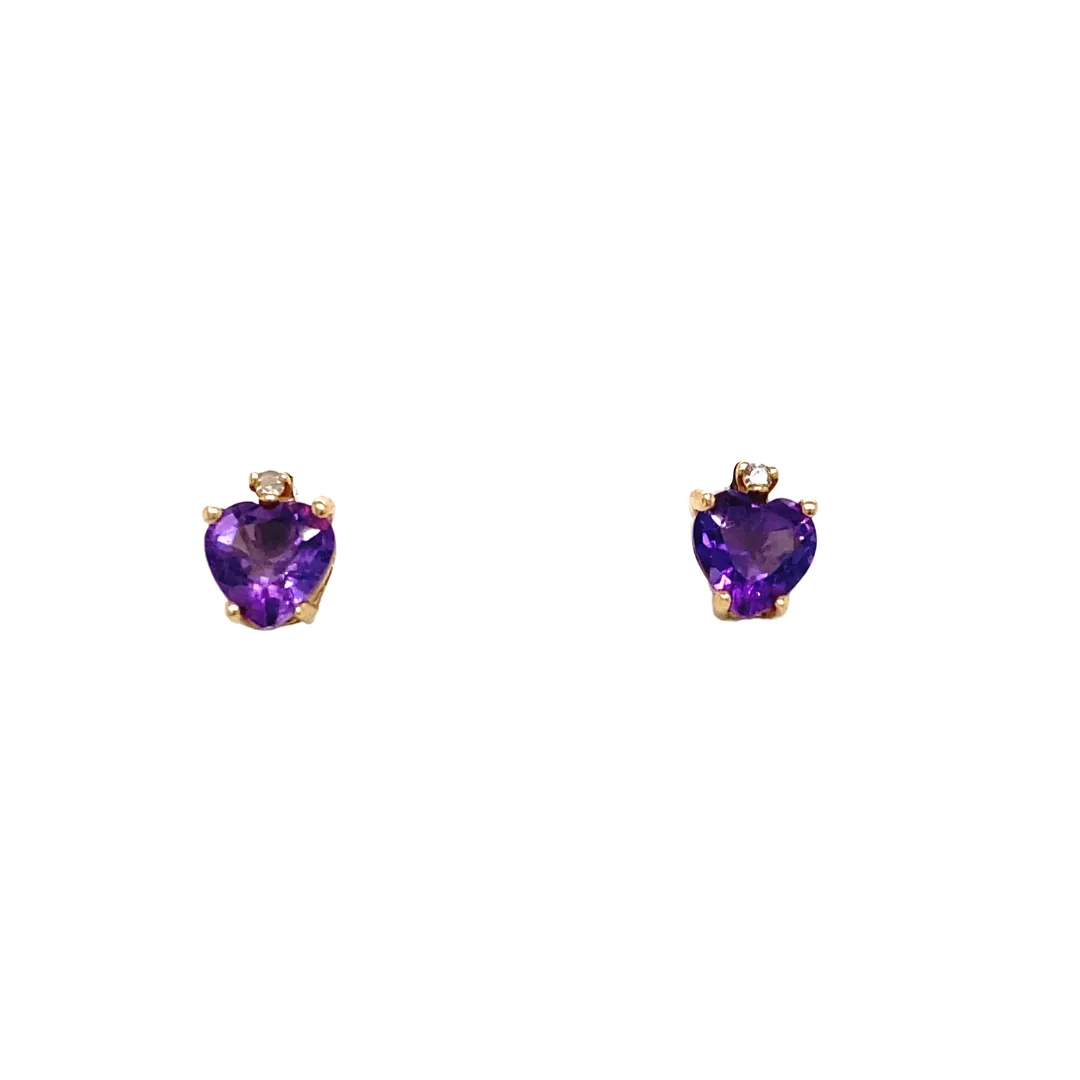 Amethyst and Diamond Heart Stud Earrings