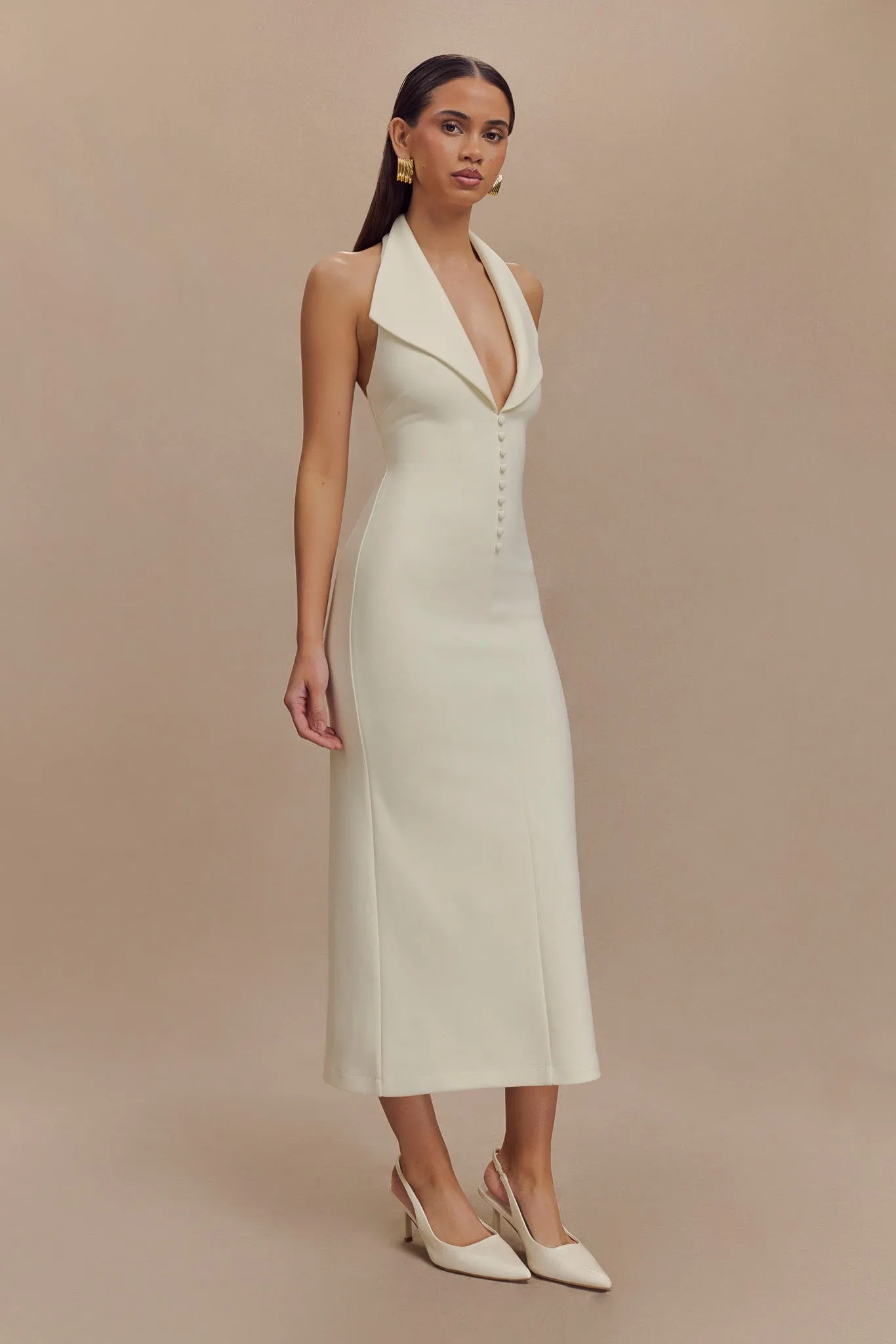 Annita Crepe Halter Midi Dress - Ivory