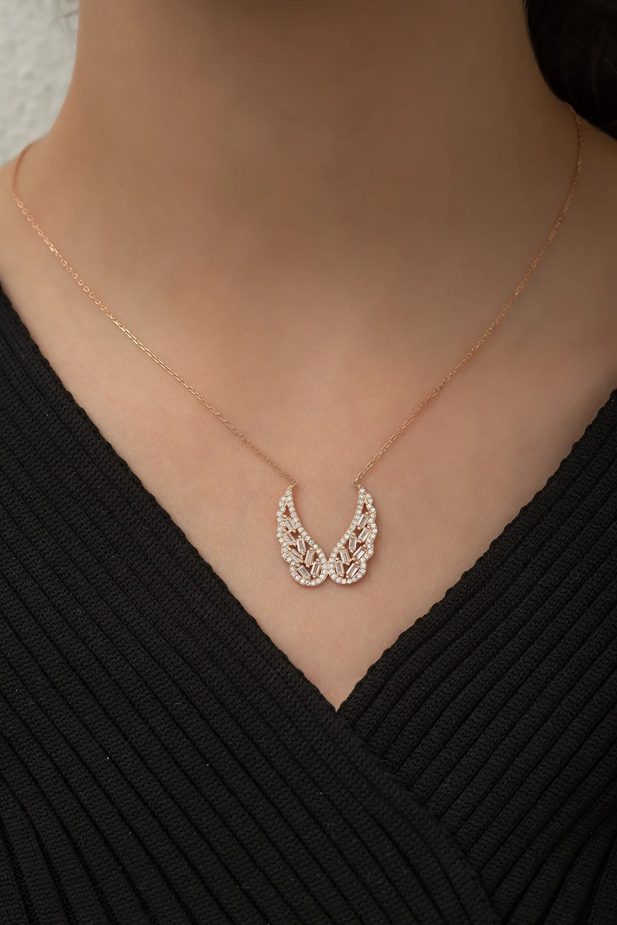 Baguette Stone Angel Wing Necklace