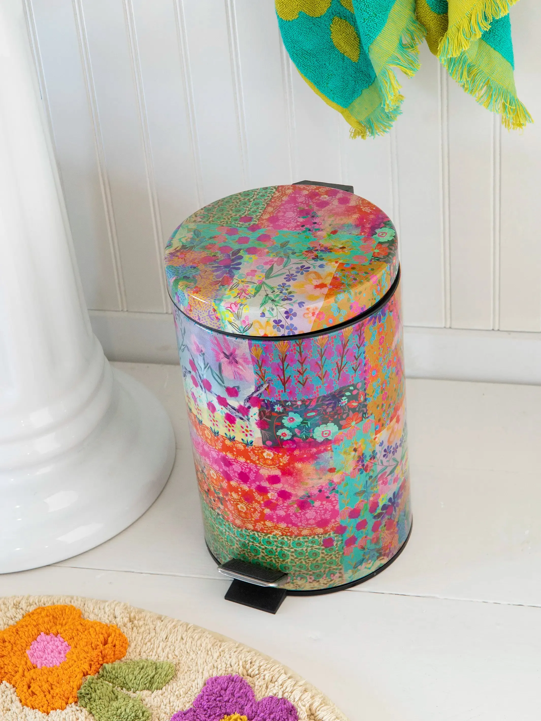 Bathroom Trash Can - Pink Watercolor Patchwork