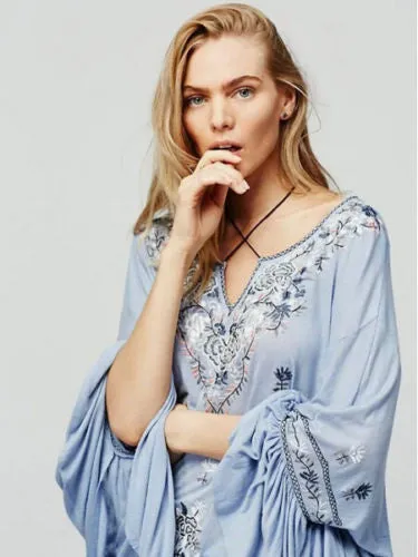 Bell Sleeve Boho Top "Siren Song" Light Blue Embroidered Peasant Top With Tassels Sizes Small Medium Or Large