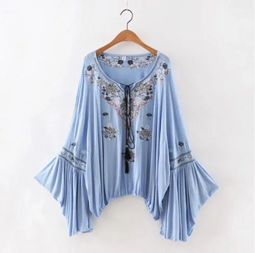 Bell Sleeve Boho Top "Siren Song" Light Blue Embroidered Peasant Top With Tassels Sizes Small Medium Or Large