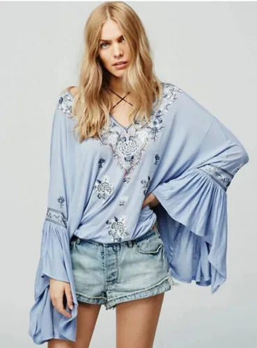 Bell Sleeve Boho Top "Siren Song" Light Blue Embroidered Peasant Top With Tassels Sizes Small Medium Or Large