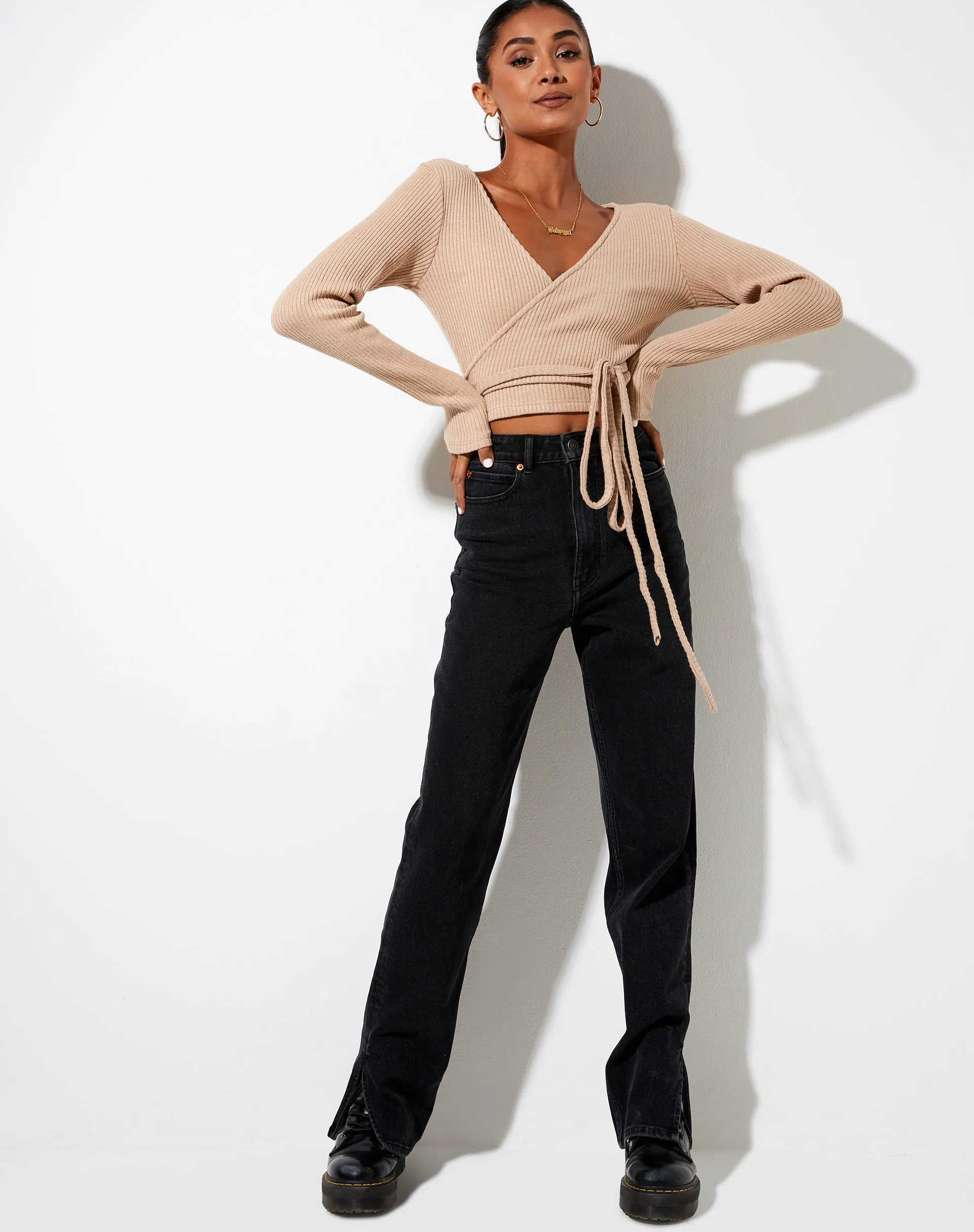 Bianca Wrap Top in Rib Tan