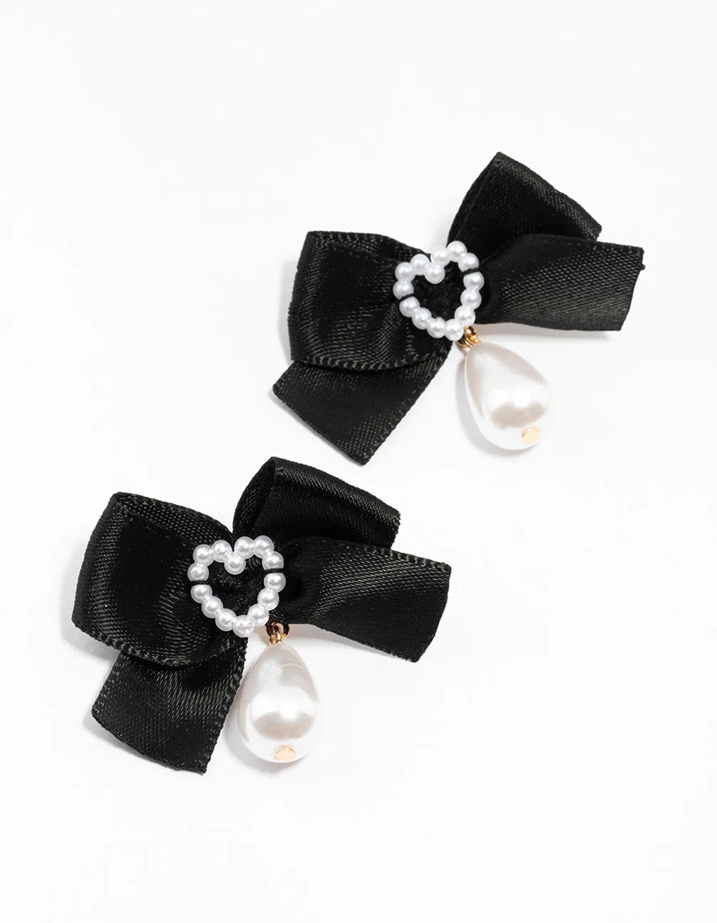 Black Fabric Pearl Heart Bow Stud Earrings