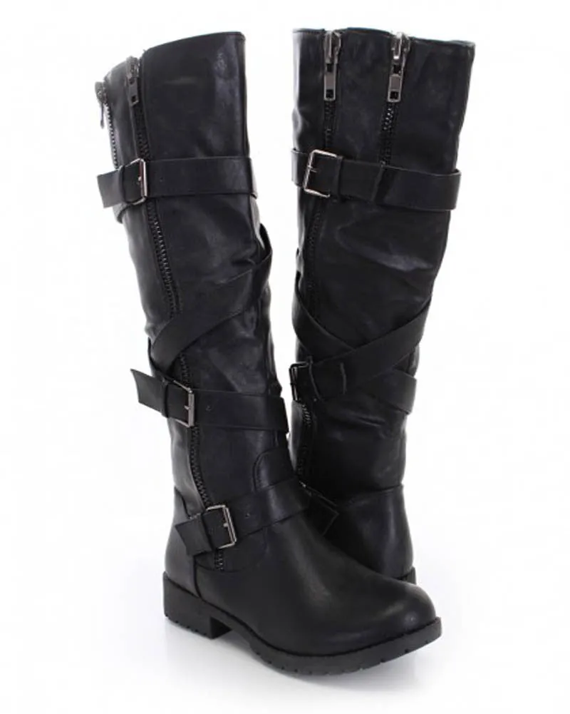 Black Faux Leather Double Zipper Wrap Around Strappy Boots