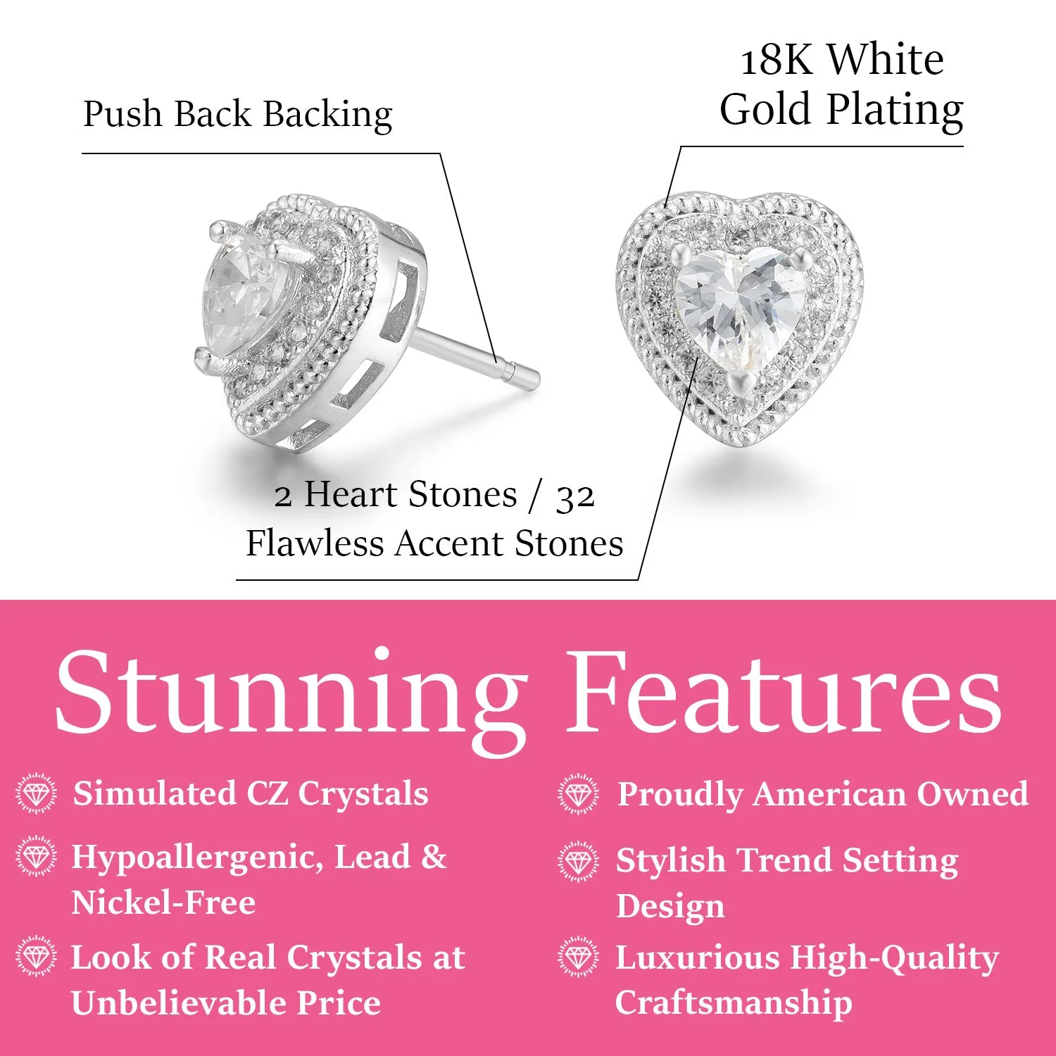 Donna 18k White Gold Plated Silver Heart Stud Earrings with Simulated Diamond Crystals