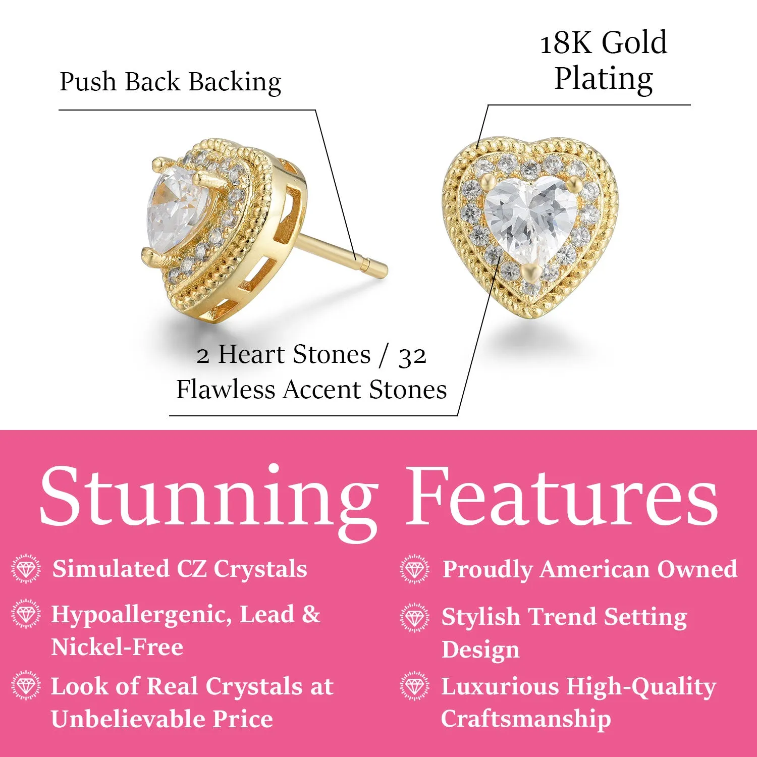 Donna 18k White Gold Plated Silver Heart Stud Earrings with Simulated Diamond Crystals