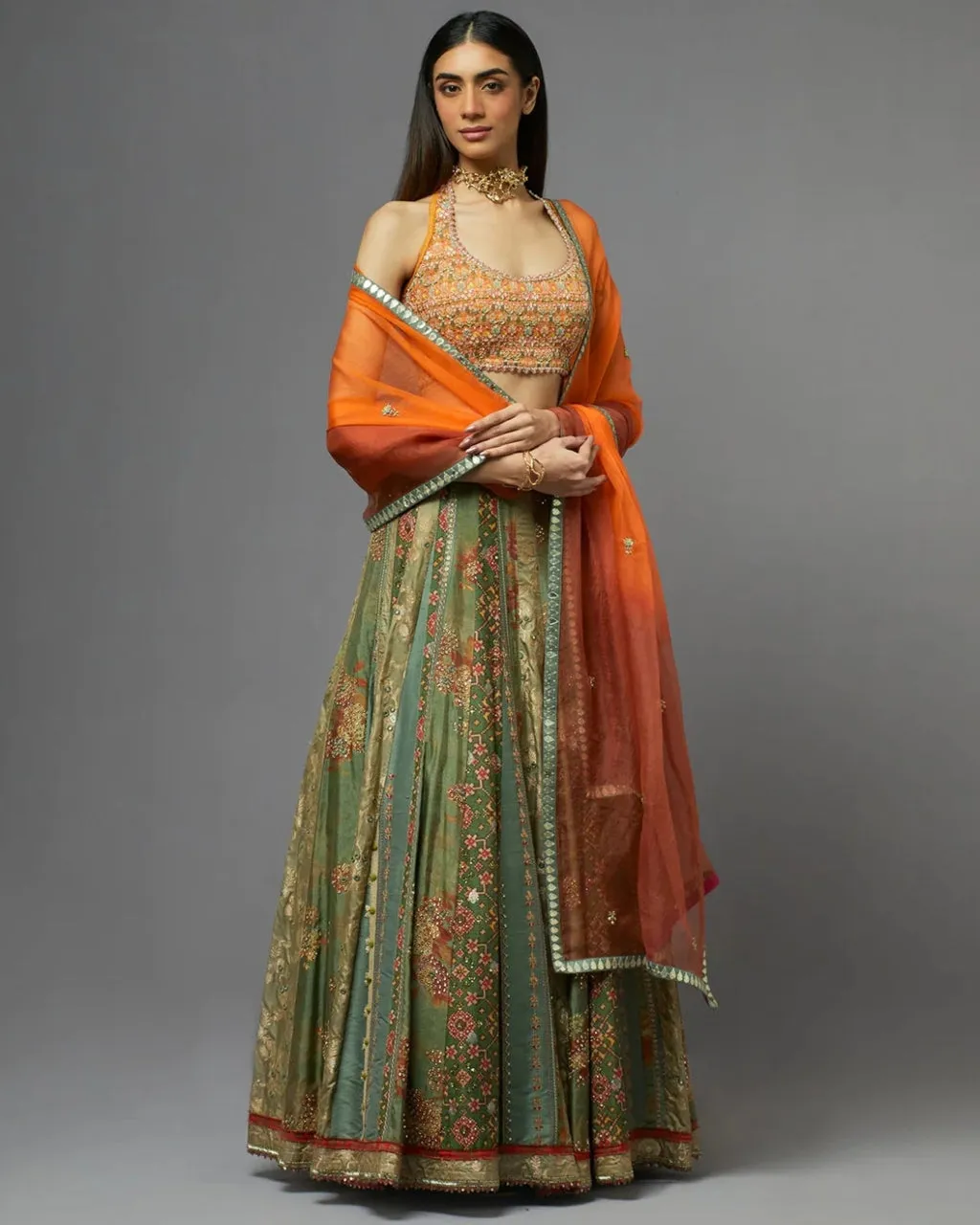 Dull Green & Orange Lehenga Set