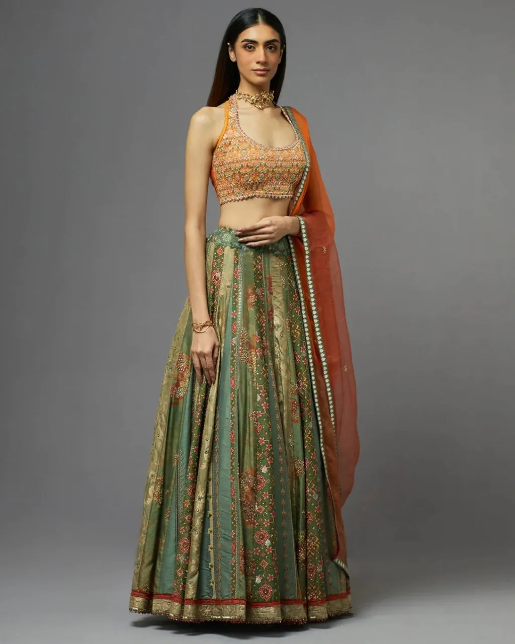 Dull Green & Orange Lehenga Set