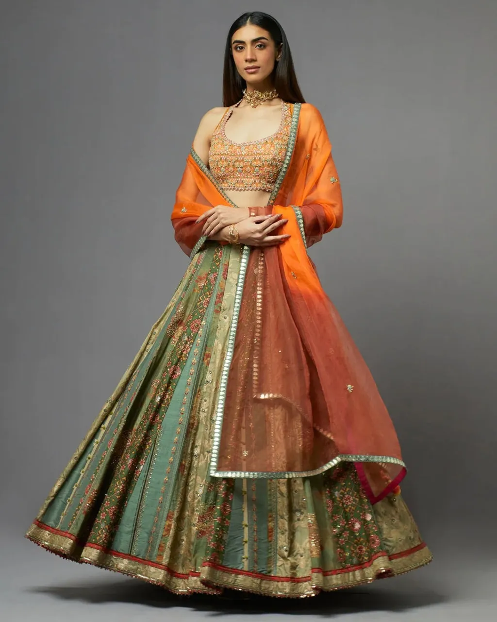 Dull Green & Orange Lehenga Set