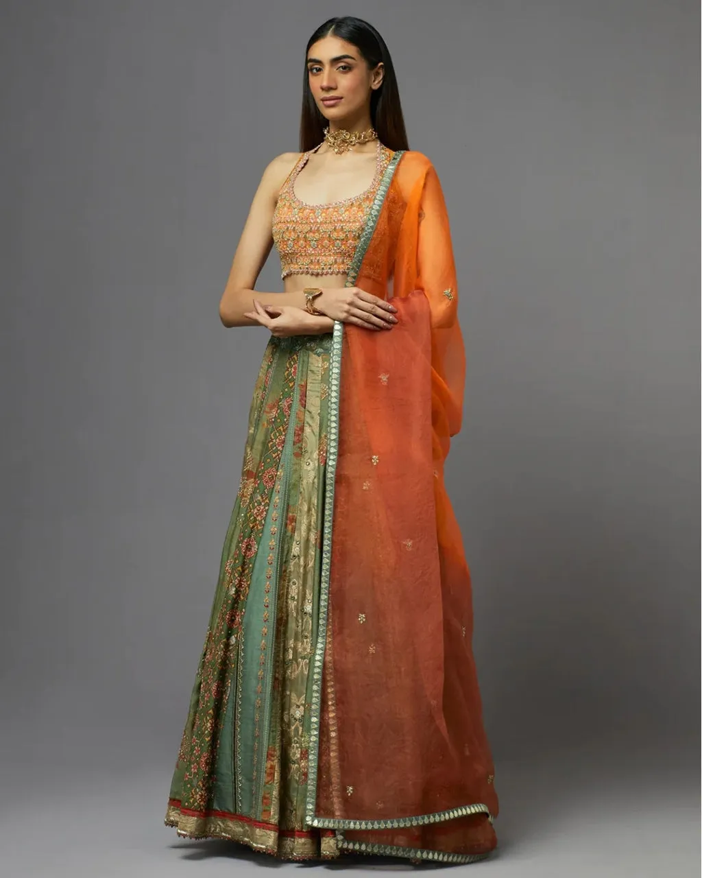 Dull Green & Orange Lehenga Set