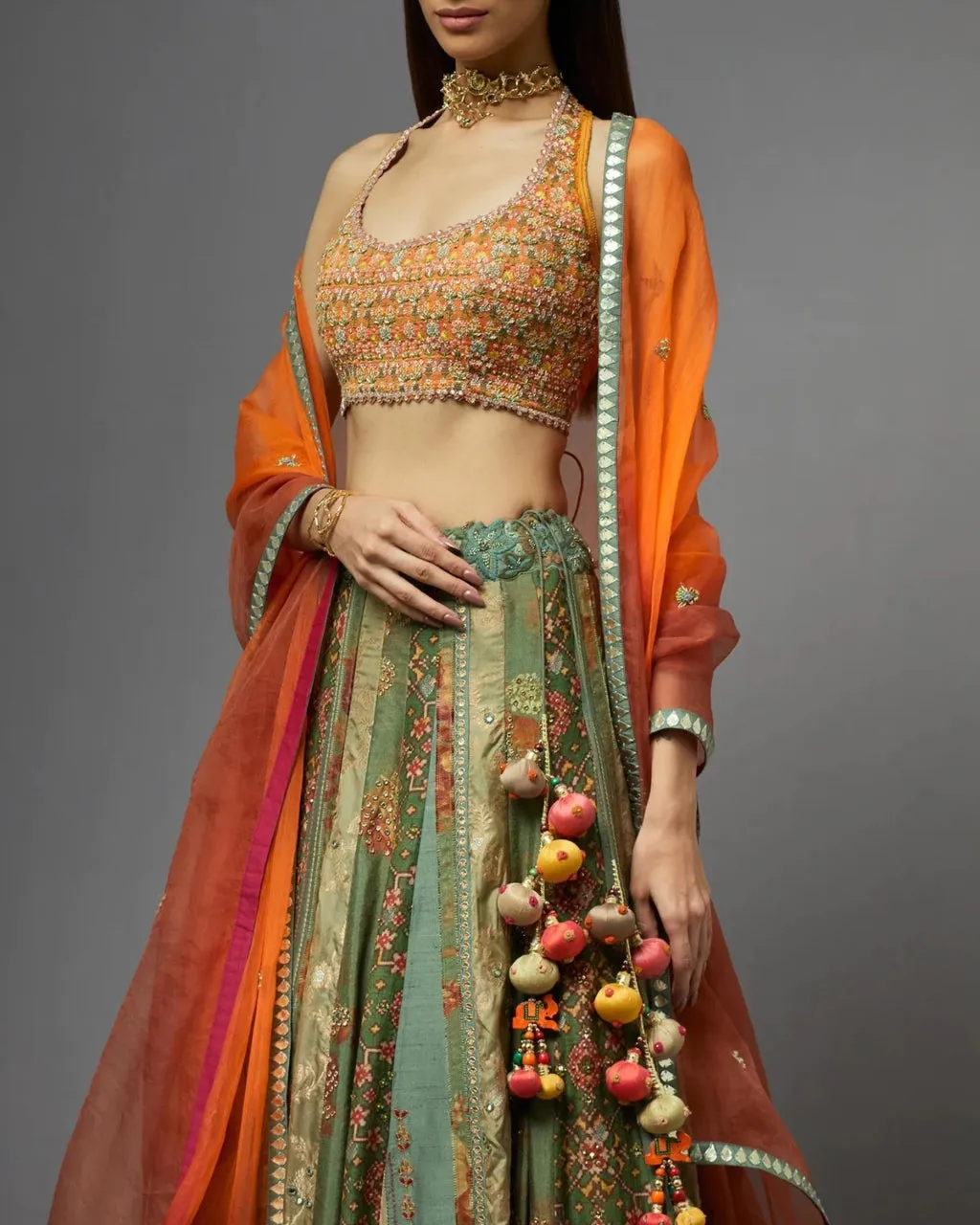 Dull Green & Orange Lehenga Set