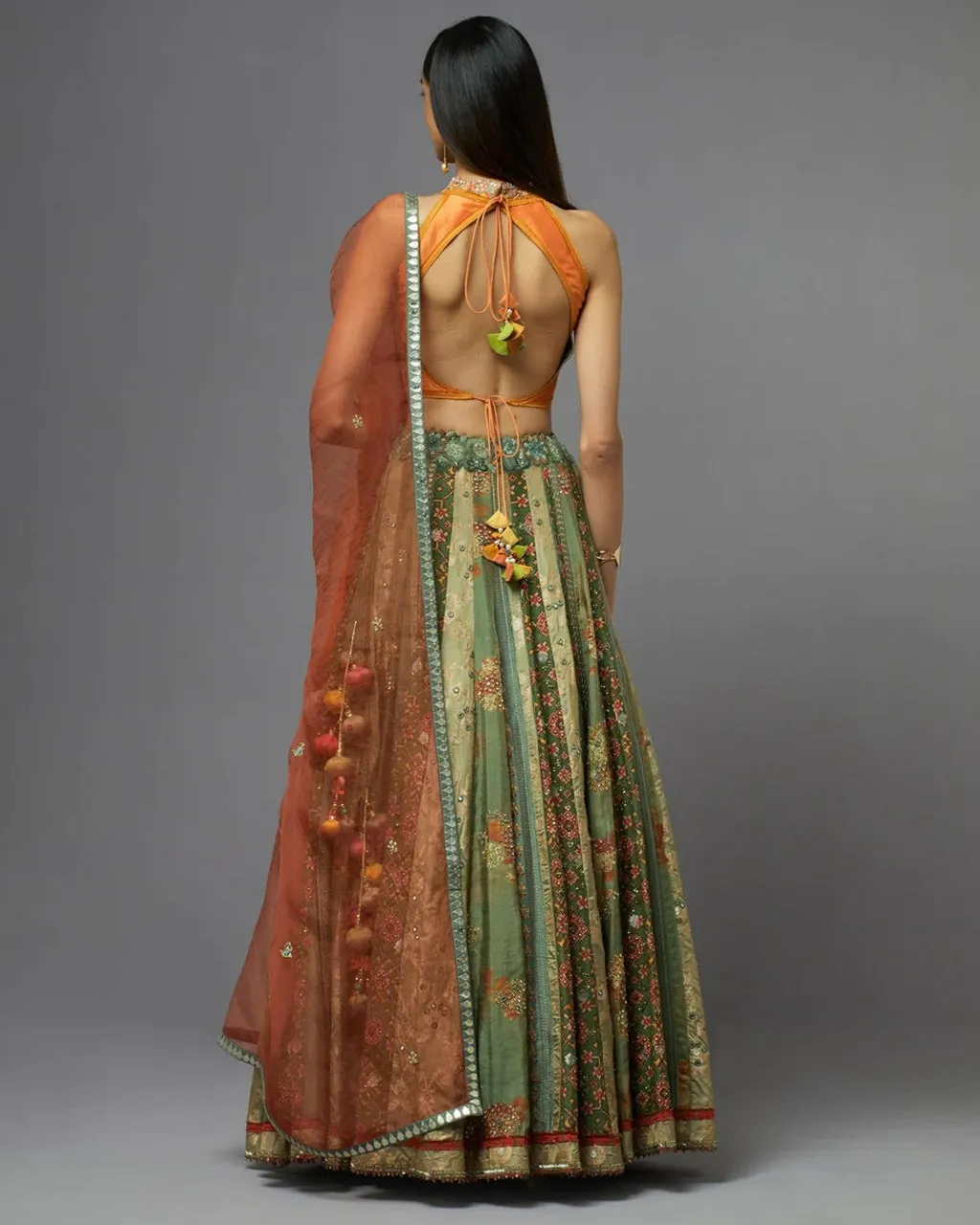 Dull Green & Orange Lehenga Set