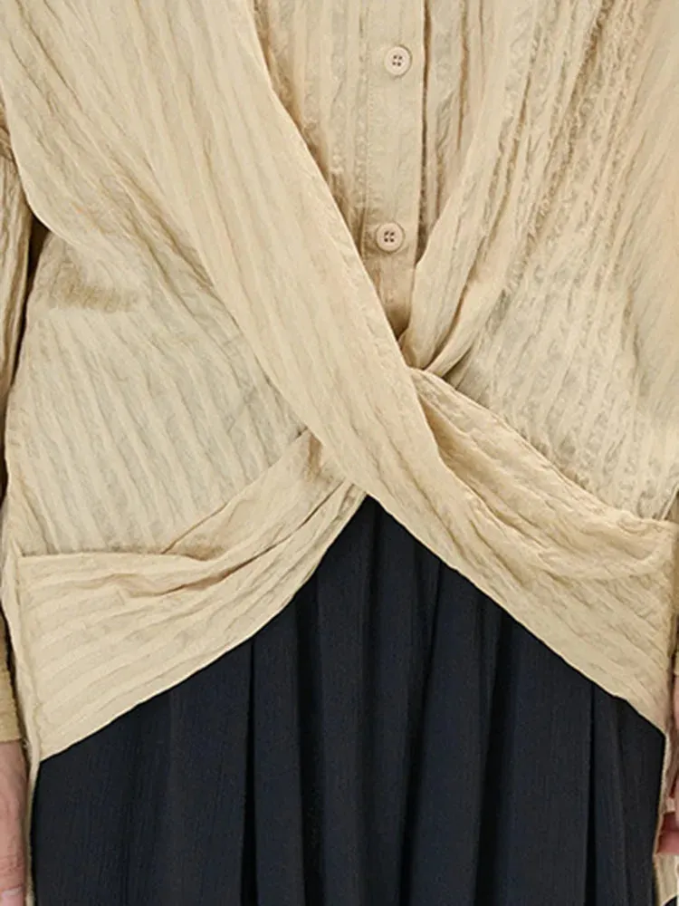 Elegant Beige Shirt Blouse with Button Closure and Draped Design - Oversized Fit