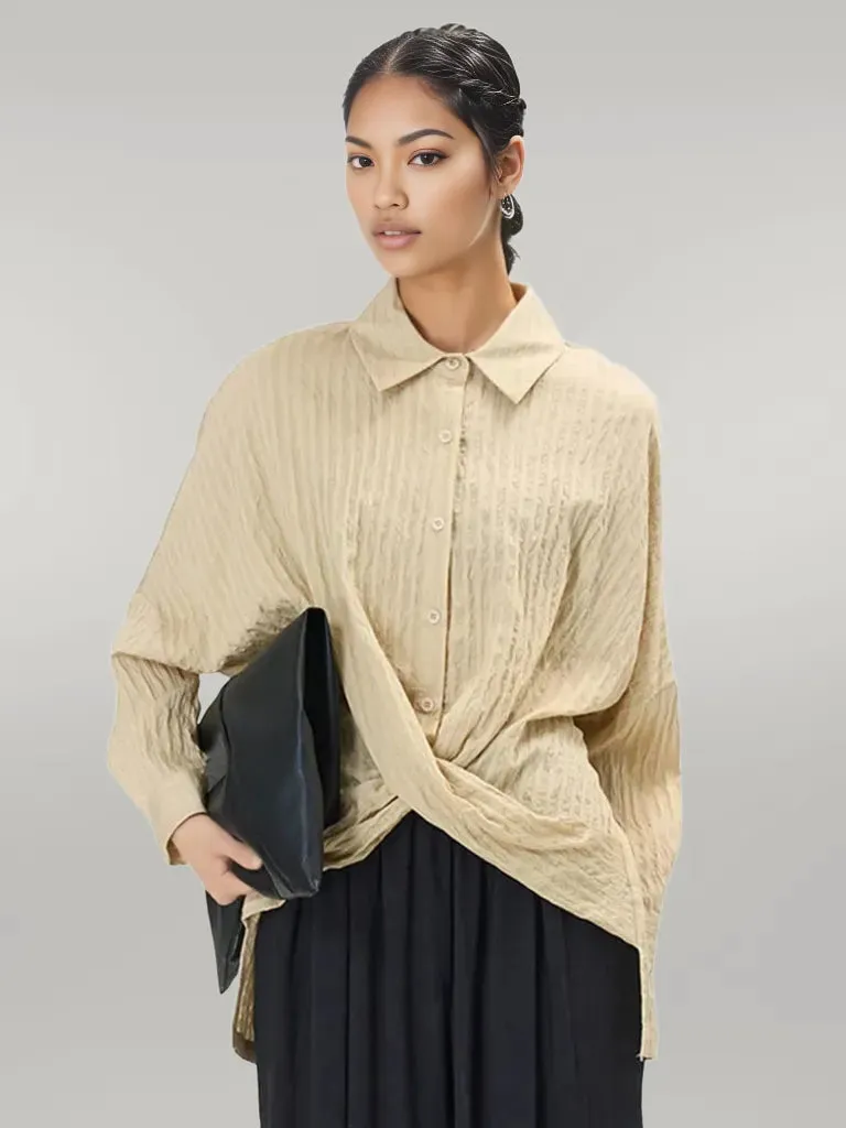 Elegant Beige Shirt Blouse with Button Closure and Draped Design - Oversized Fit