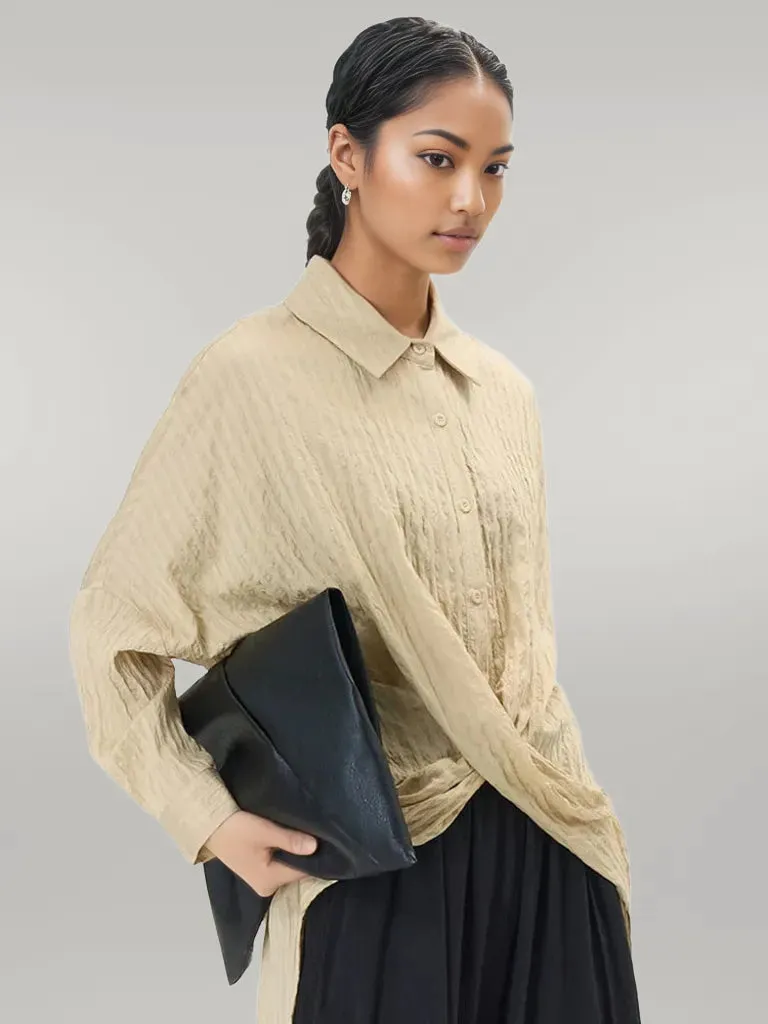 Elegant Beige Shirt Blouse with Button Closure and Draped Design - Oversized Fit