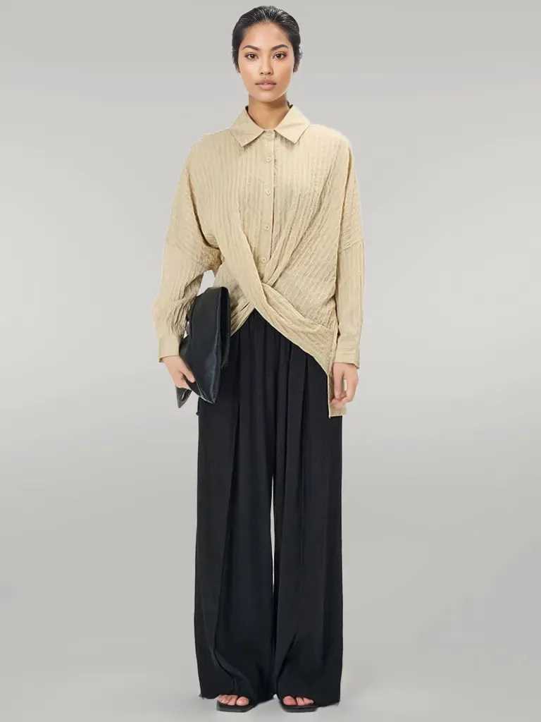 Elegant Beige Shirt Blouse with Button Closure and Draped Design - Oversized Fit