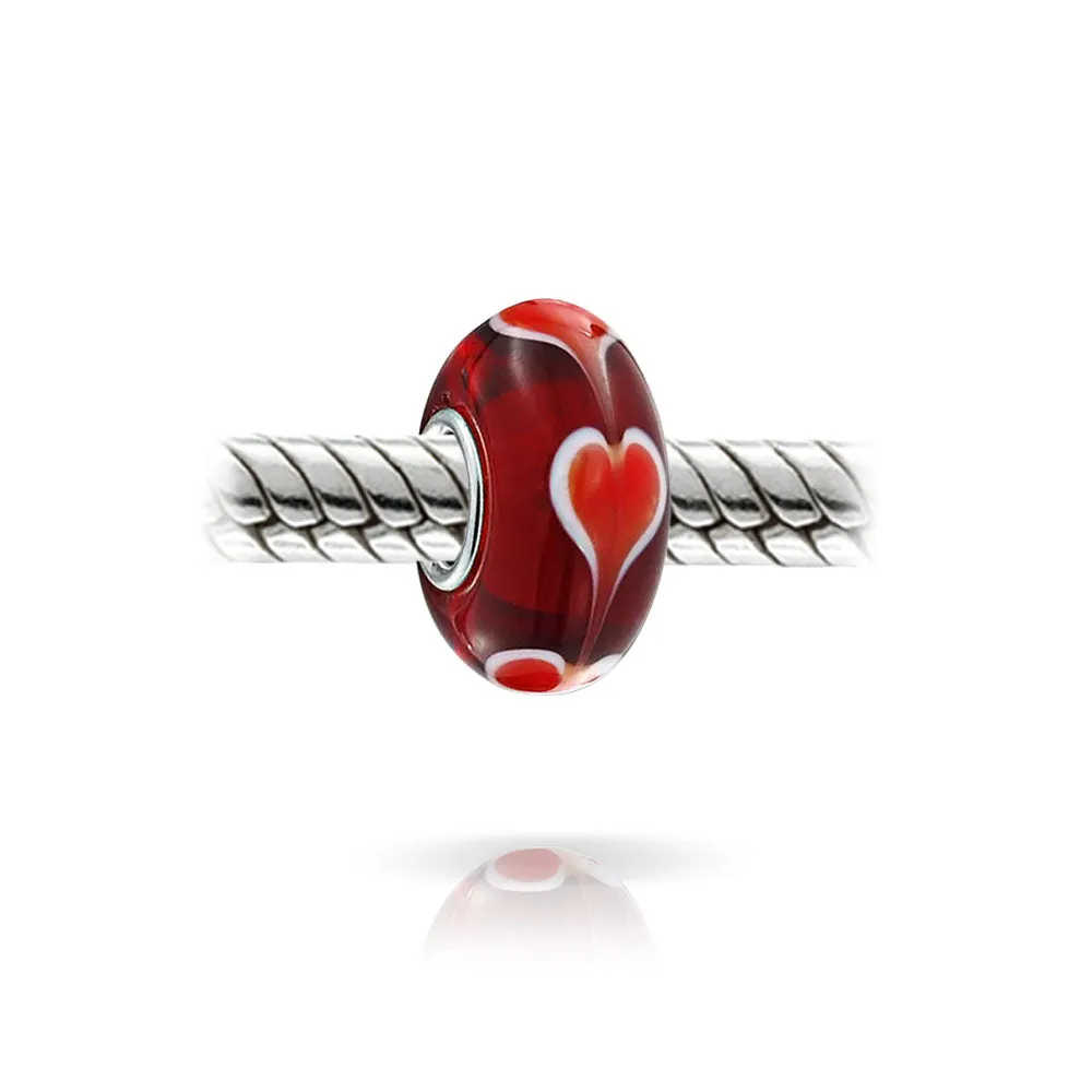 Heart Love Pink or Red Murano Glass .925 Sterling Silver Bead Charm