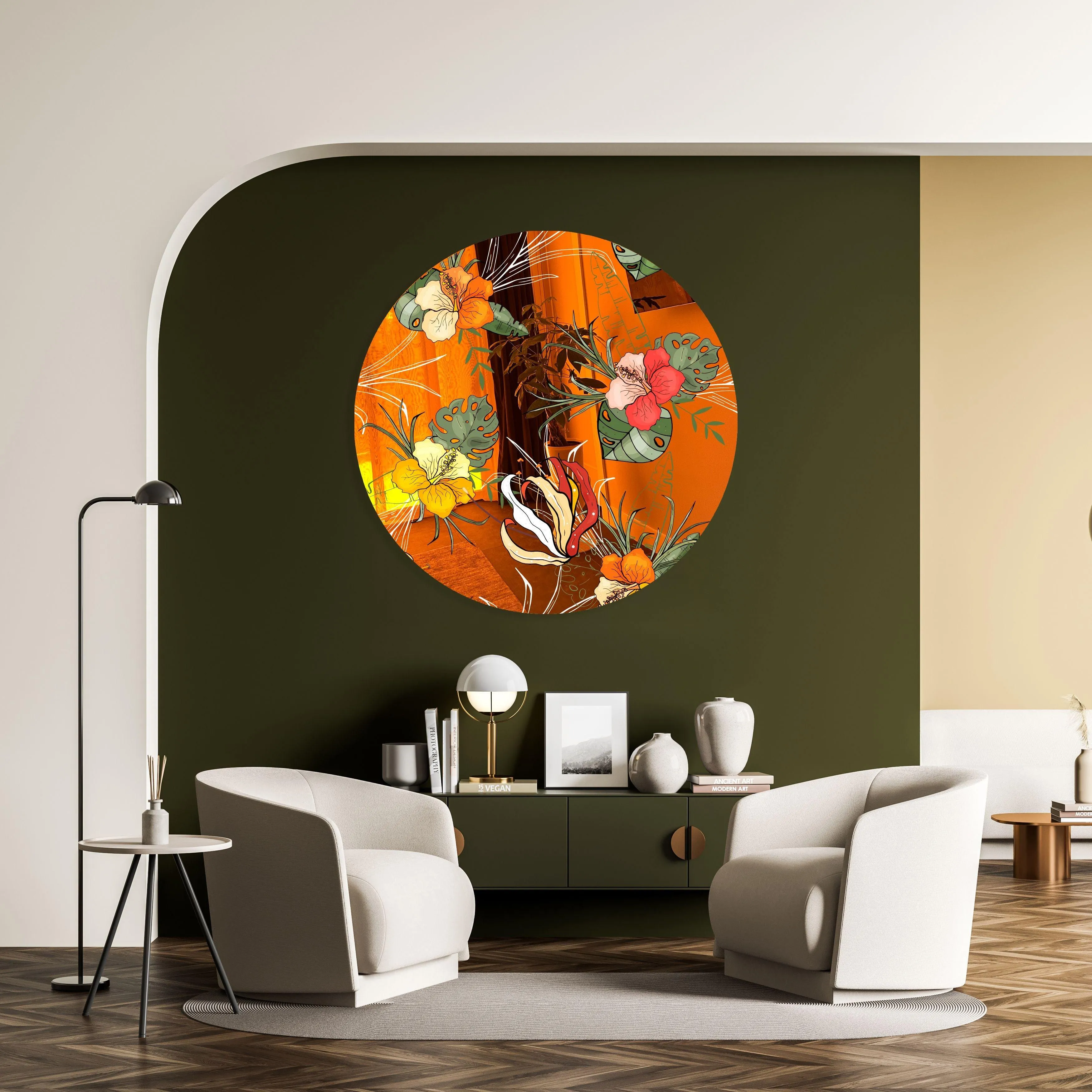 Orange Flowers Printed Mirror Acrylic Circles