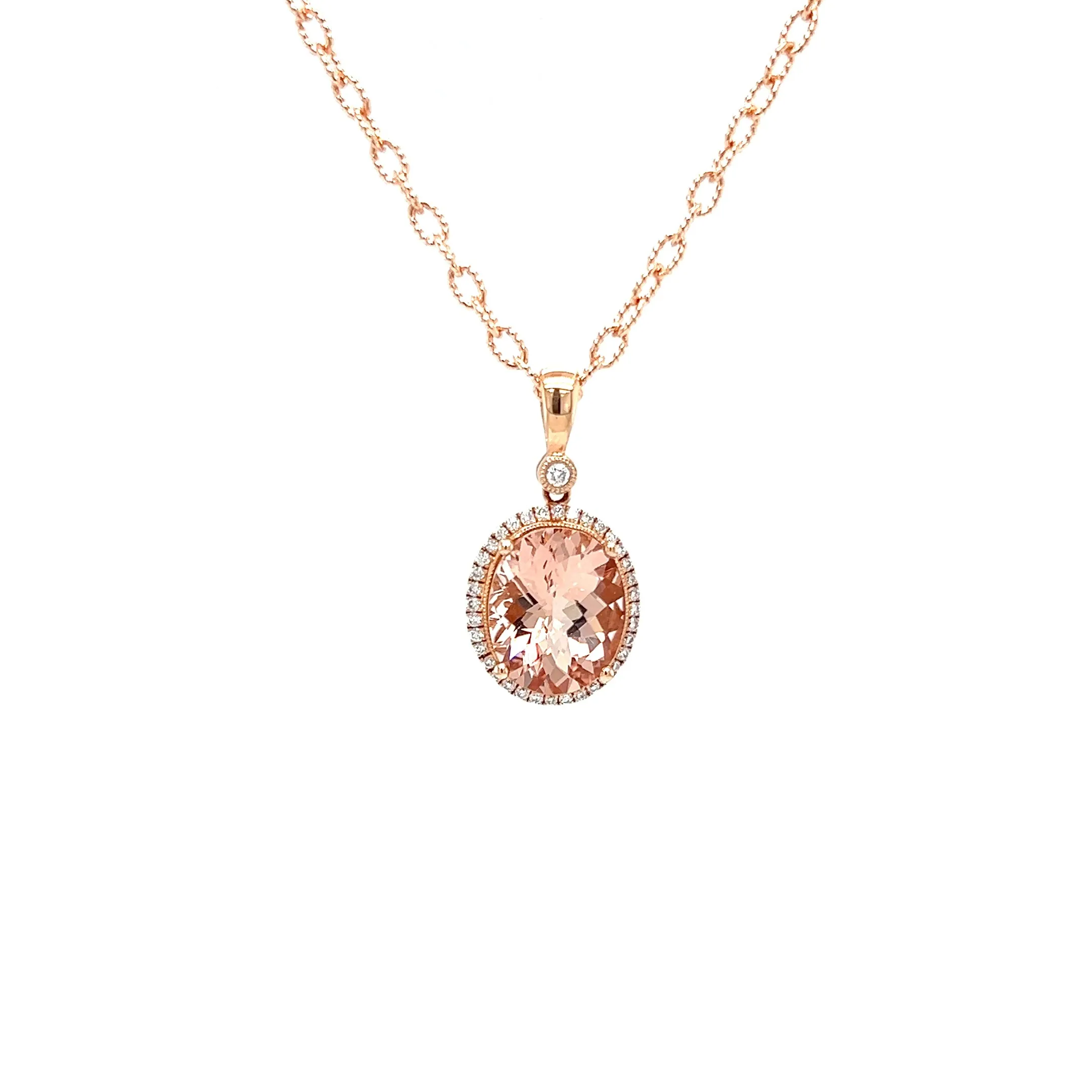 Oval Morganite Necklace with Diamond Halo in 14K Rose Gold