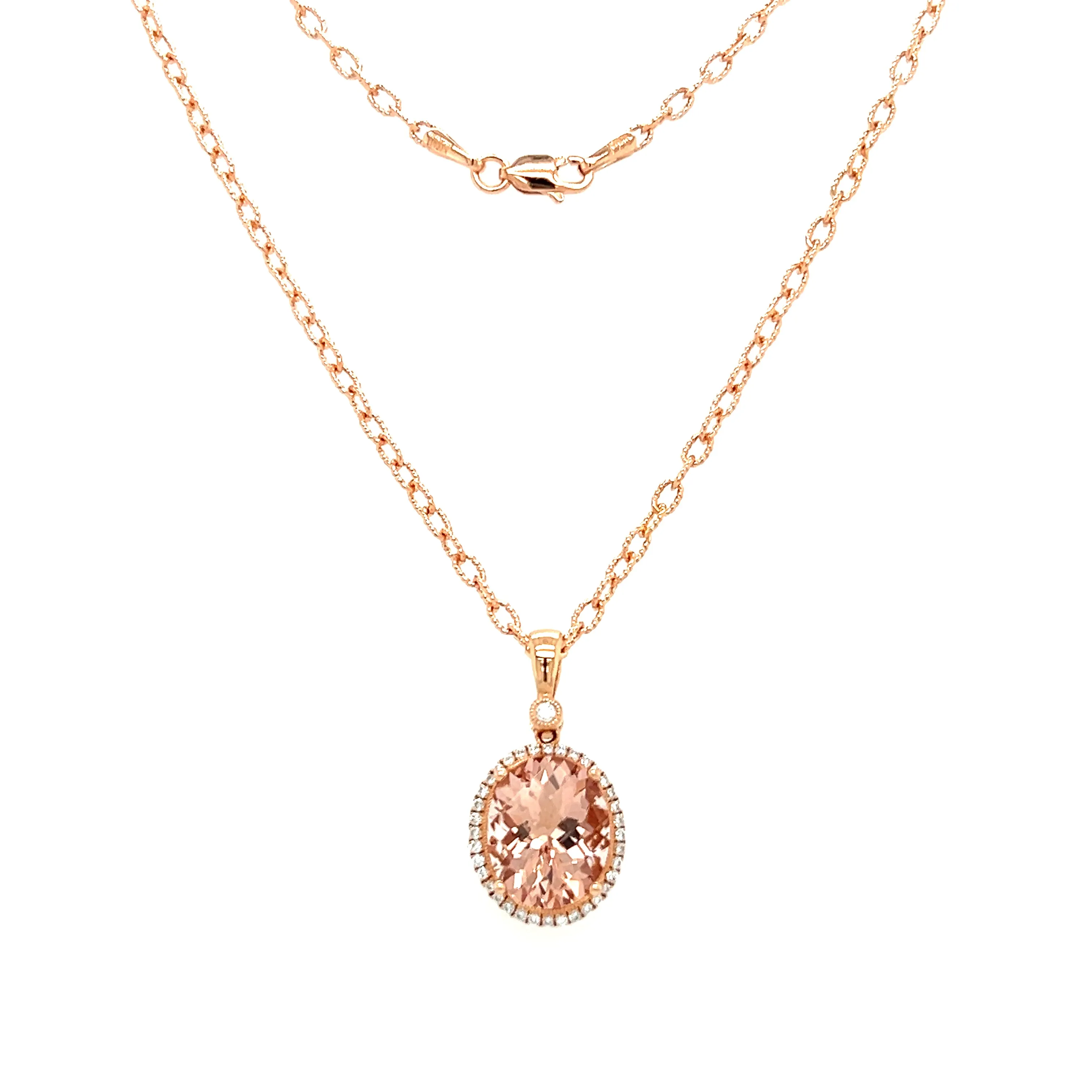 Oval Morganite Necklace with Diamond Halo in 14K Rose Gold