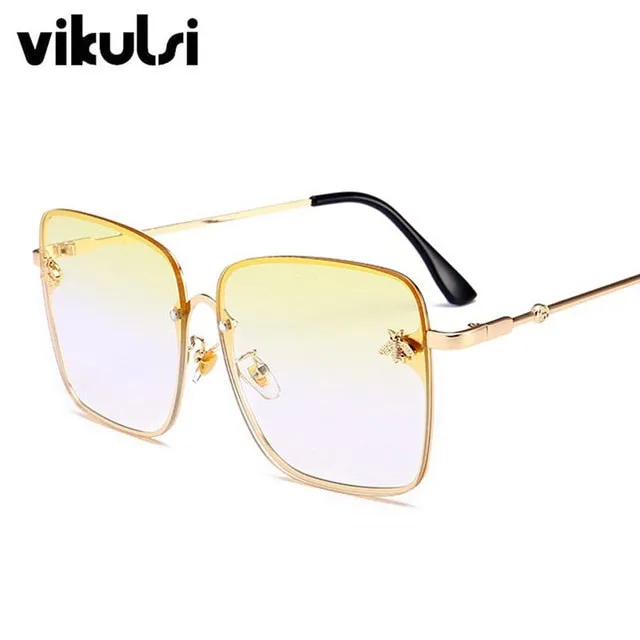 Retro Square Sunglasses Women Brand Designer Bee Metal Frame Oversized Sun Glasses Oculos UV400