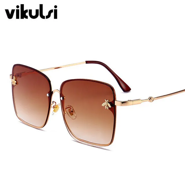 Retro Square Sunglasses Women Brand Designer Bee Metal Frame Oversized Sun Glasses Oculos UV400