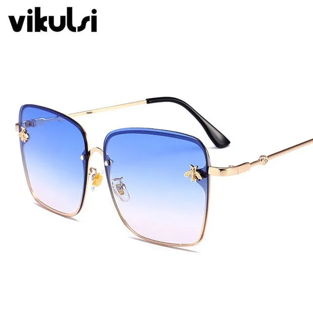 Retro Square Sunglasses Women Brand Designer Bee Metal Frame Oversized Sun Glasses Oculos UV400