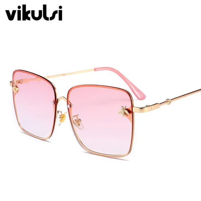 Retro Square Sunglasses Women Brand Designer Bee Metal Frame Oversized Sun Glasses Oculos UV400