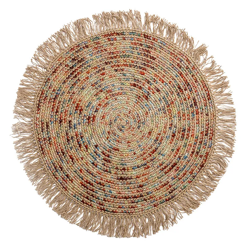 Round Multicolored Jute and Wool Rug