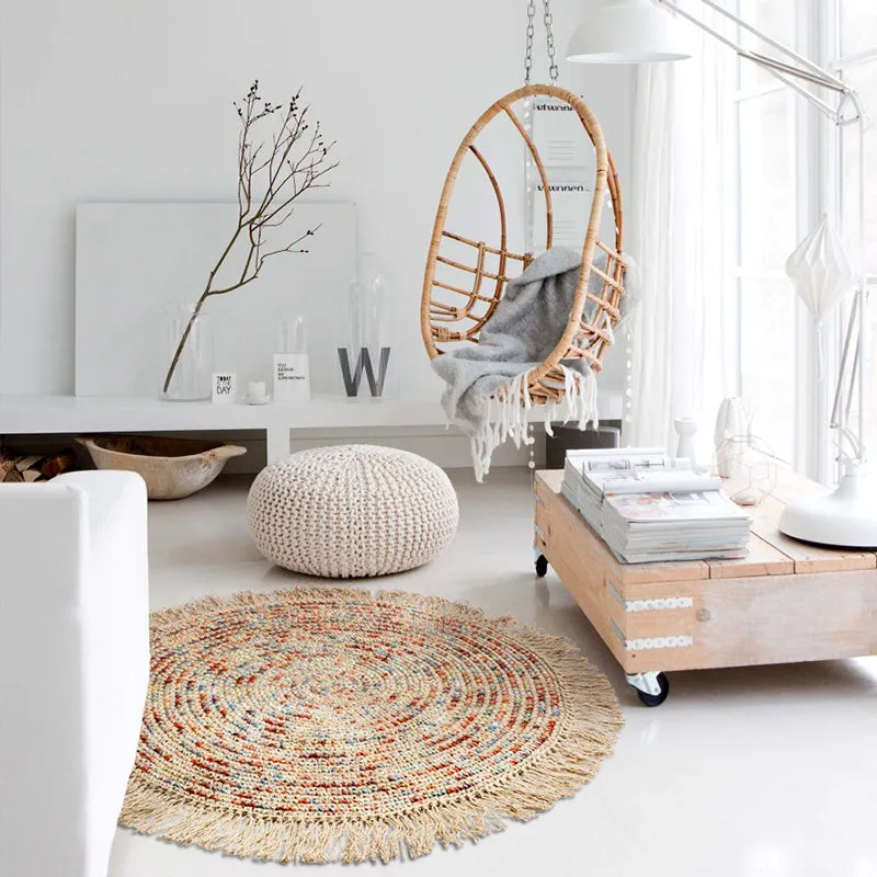 Round Multicolored Jute and Wool Rug